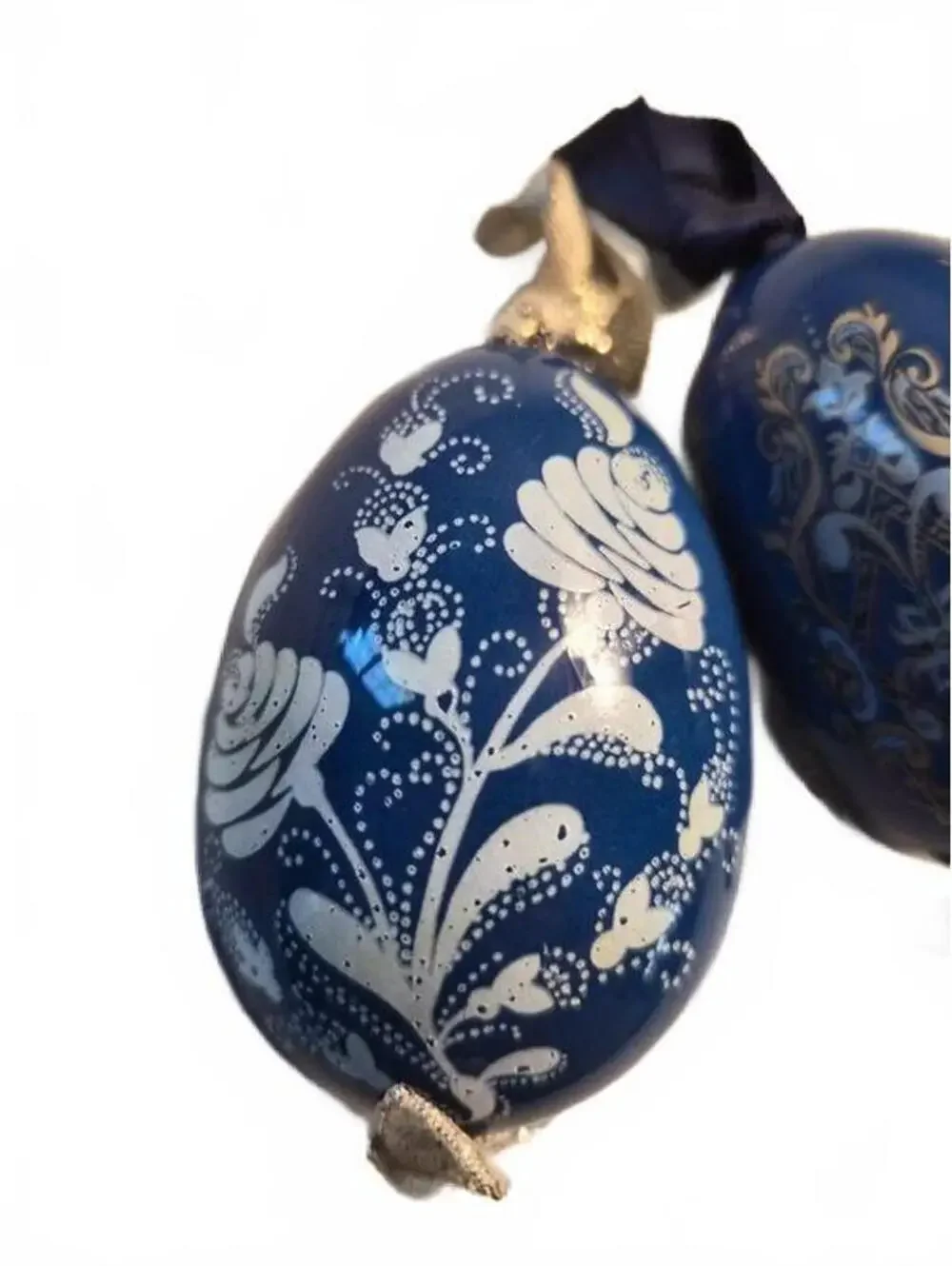 Set of 3 Hand Painted Blue Lacquer Hanging Egg Ornaments Vintage Folk Art